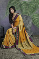 Shaded Yellow Georgette Saree with printed magenta border Gifts toBasavanagudi, sarees to Basavanagudi same day delivery
