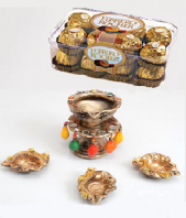 Diya Stand with Diyas and Ferrero Rocher 16 pc Gifts toRMV Extension, Combinations to RMV Extension same day delivery
