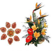 Tropical Arrangement and Terracotta Diya Set Gifts toHebbal,  to Hebbal same day delivery