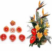 Tropical Arrangement with Diyas and Rangoli Gifts toCox Town,  to Cox Town same day delivery