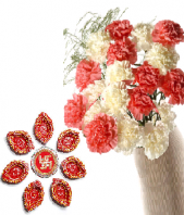 Ethnic Diyas and Pink and White Carnations Gifts toCottonpet, Combinations to Cottonpet same day delivery
