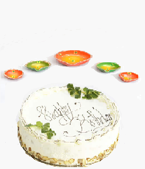 Orange Green Colored Diya Set and Vanilla Cake small for Diwali Occation