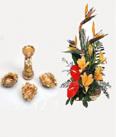 Tropical Arrangement and Bronze Colored Diya Set Gifts toElectronics City,  to Electronics City same day delivery
