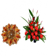 Attractive Diya Thali with Red flower pot Gifts toindia, Combinations to india same day delivery