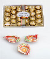 Ferrero Rocher 24 pc and Kalka Shaped Earthen Diya Set Gifts toIndia, Combinations to India same day delivery