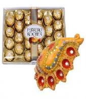 Conch Shaped Diya Set with Sweet Ferrero Rocher 24 pc Gifts toIndia, Combinations to India same day delivery