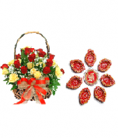 Ethnic Diyas and 24 Yellow and Red Roses Gifts toHBR Layout, Combinations to HBR Layout same day delivery