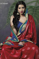 Red georgette saree With Blue Border and pita embroidery Gifts toHAL, sarees to HAL same day delivery