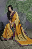 Shaded Yellow Georgette Saree with printed magenta border Gifts toAnna Nagar, sarees to Anna Nagar same day delivery
