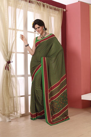Printed georgette saree in green and red border. 